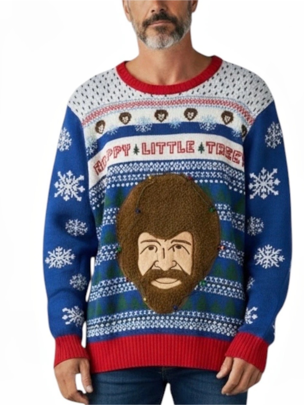 BOB ROSS "Happy Little Trees" Christmas Sweater Blue/Red Size MED -- SO MUCH FUN